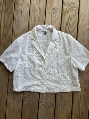 SHEIN White Eyelet Lace Button Down Short Sleeve Shirt
